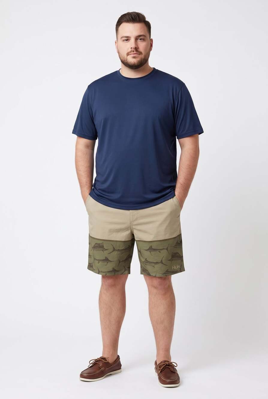 Huk Fishing Shorts Size 38 Khaki Green Marlin Fish Print Performance